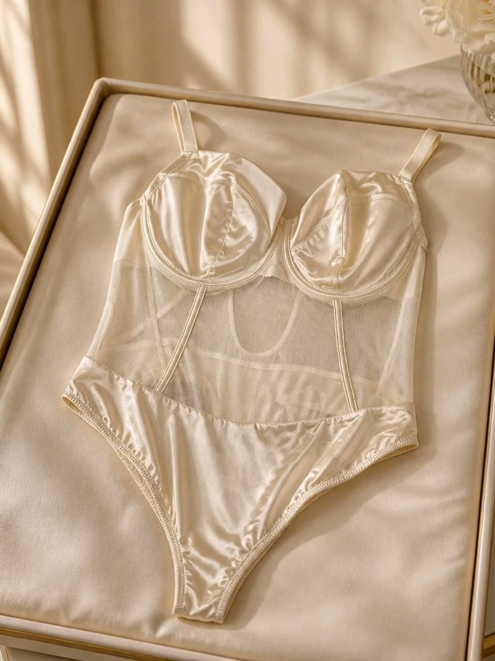 Auden Satin & Mesh Bodysuit in Ivory